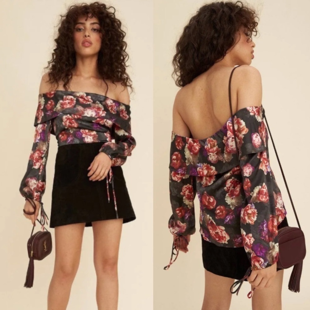 LPA Womens Black Dark Roses Floral Silk Tie Sleeve Off The Shoulder Top Size XS